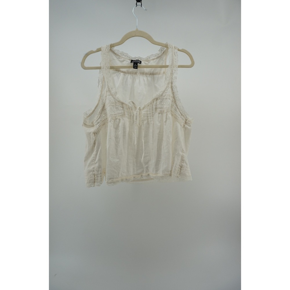 Light ivory 100% cotton Tank Top Boho Peasant Cottagecore Eyelet Lace Trim  XL